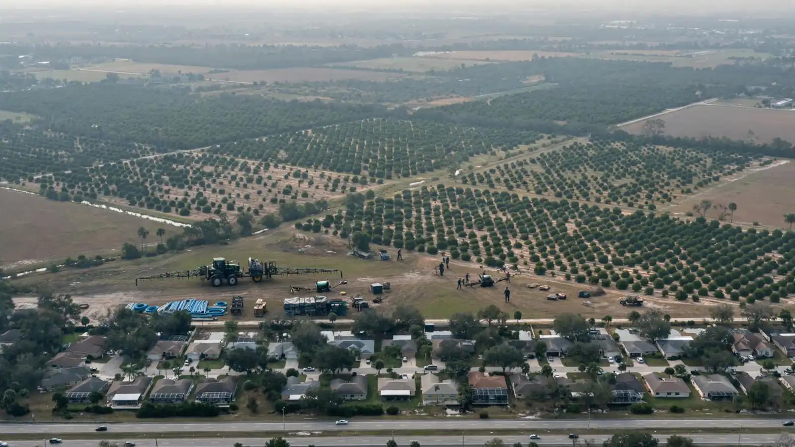 Aerial view of citrus groves beside a residential subdivision