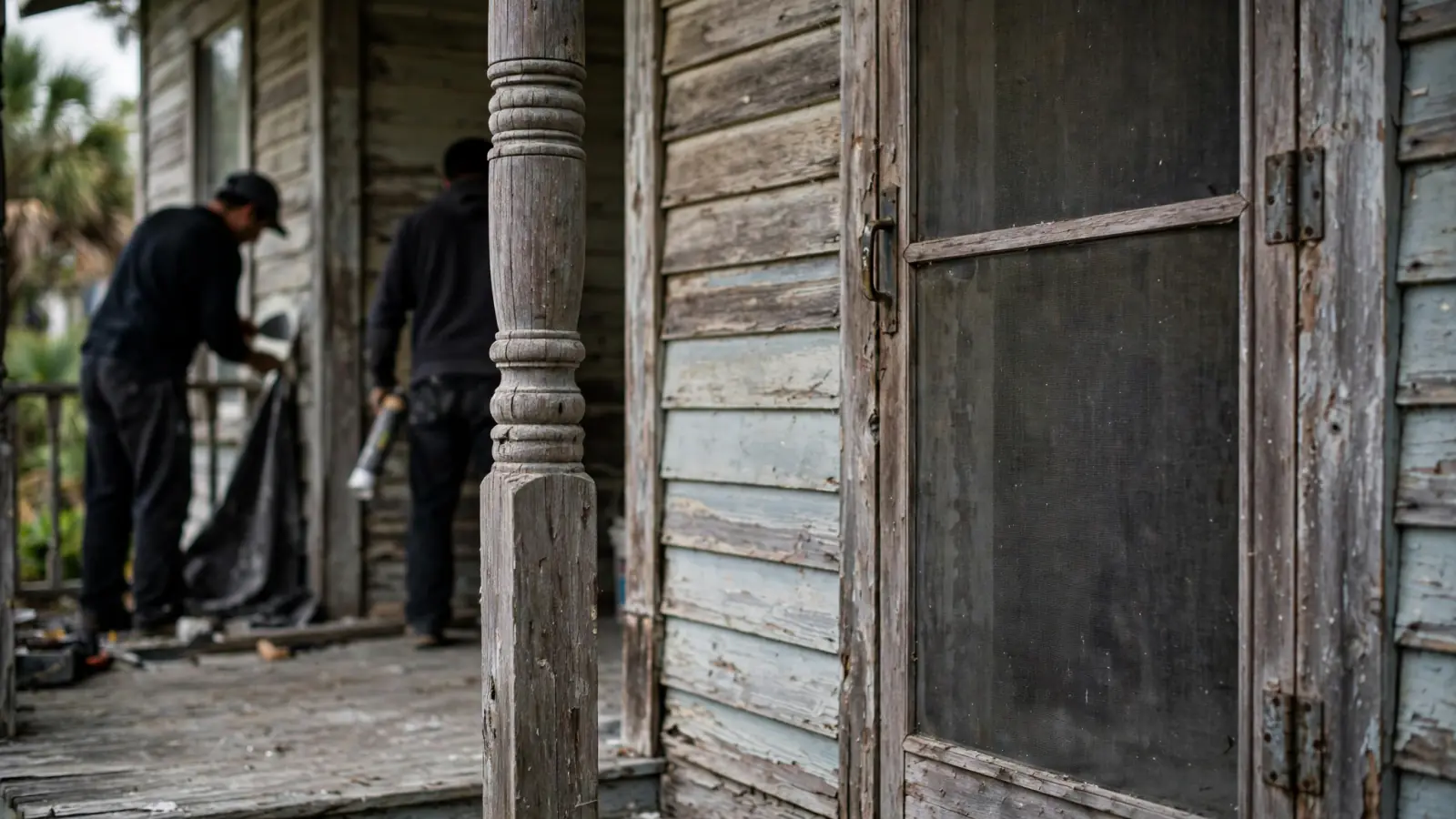 Workers at the porch of a weathered wooden historic house