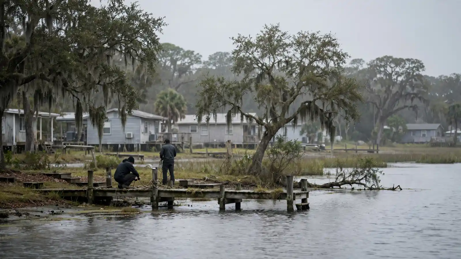 Riverfront homes and a dock under moss-draped oaks