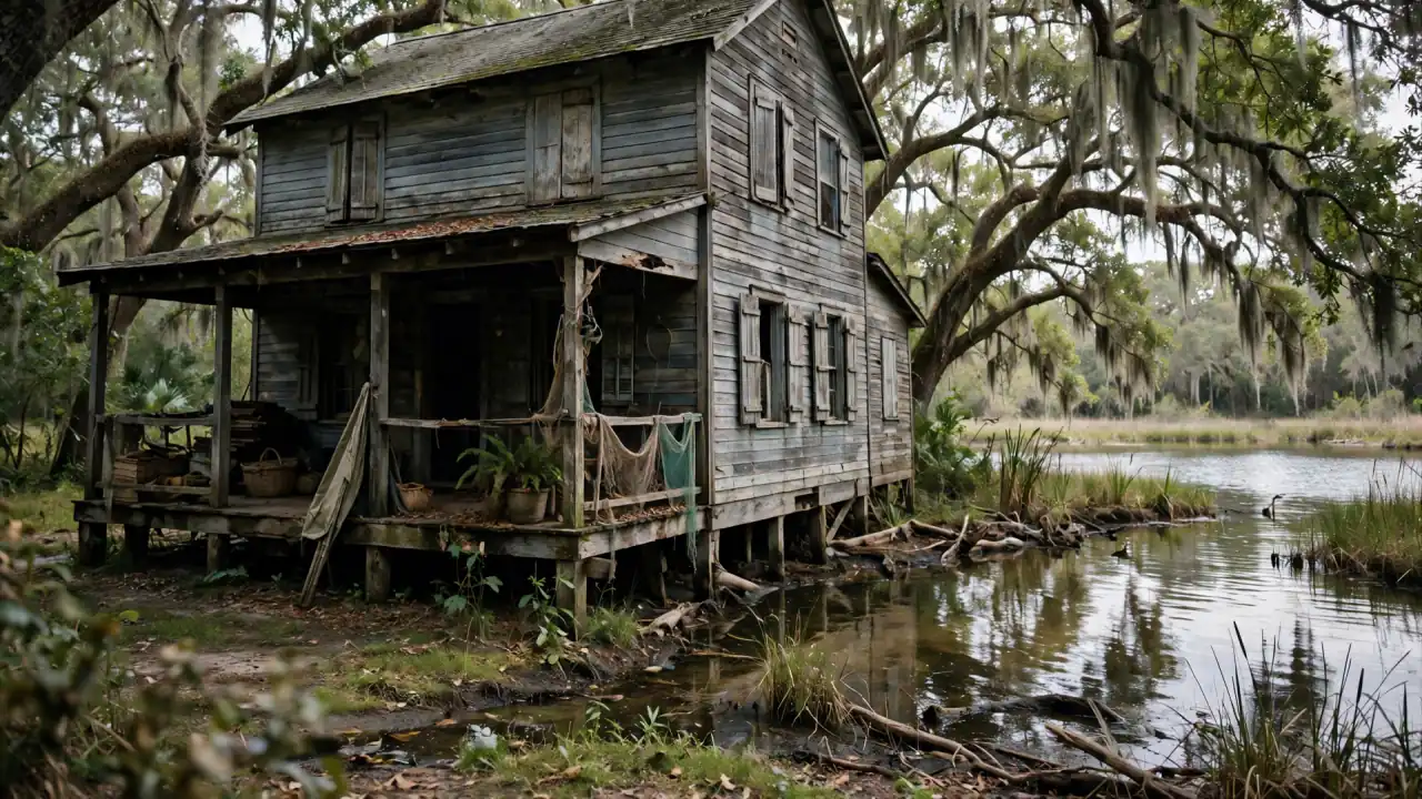 Historic wooden house on stilts beside a river under oak trees