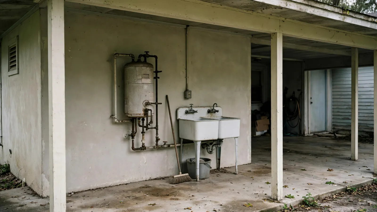 Water heater and laundry sink in the carport of a 1950s home