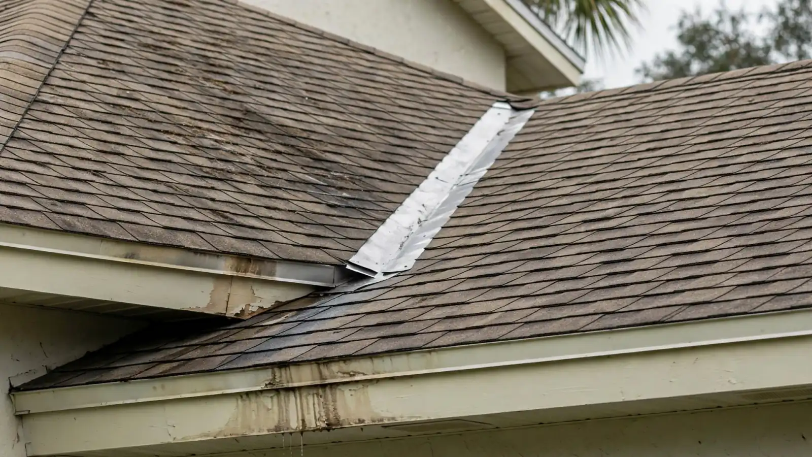 Patched valley on the shingle roof of a mid-century home