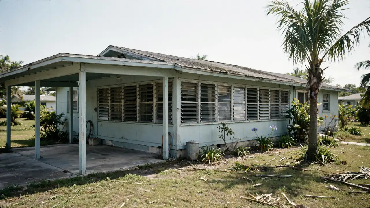 1950s single-story home with jalousie windows and a carport
