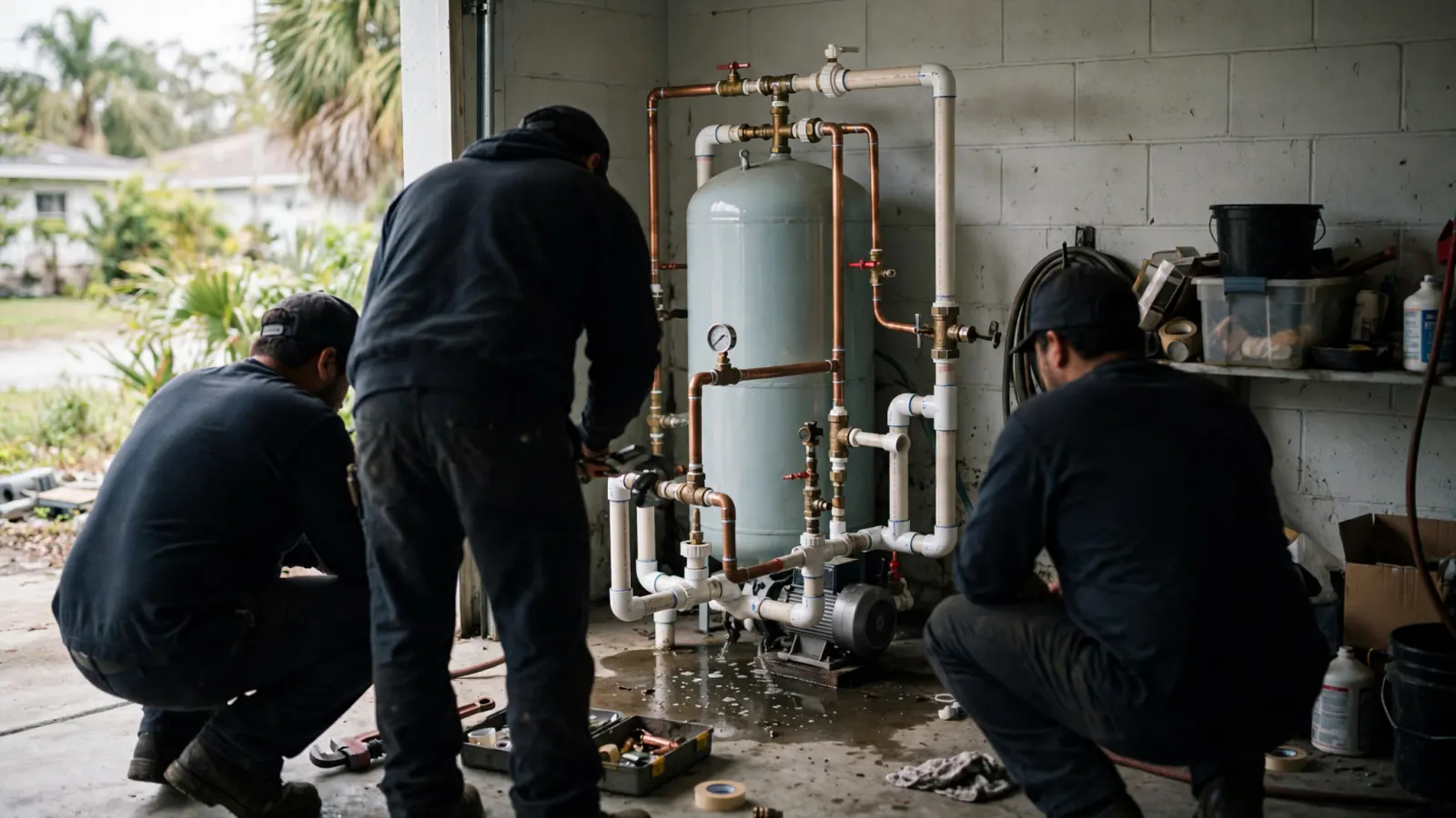 Technicians replacing plumbing at a water heater