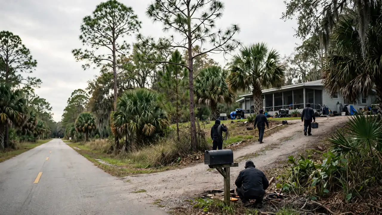 Crew walking a rural road lined with pines and palms