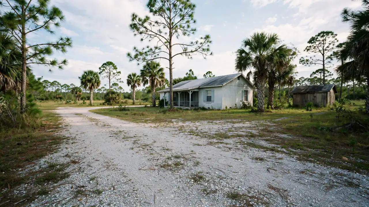 Rural home at the end of a gravel road among pines and palms