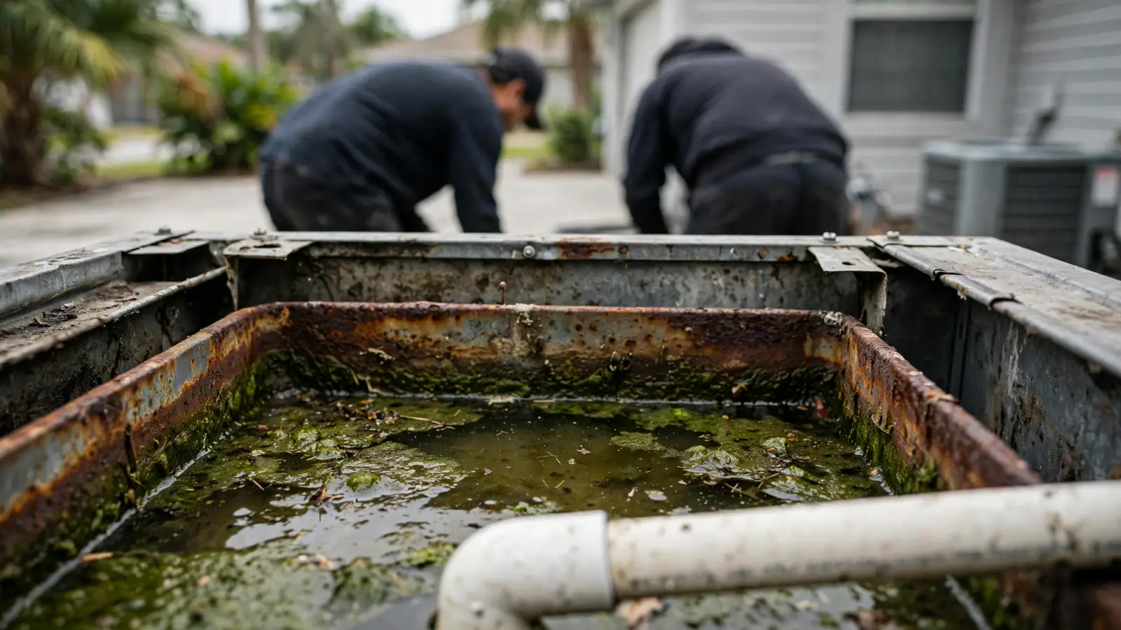 Rusty AC drain pan full of water with a condensate line