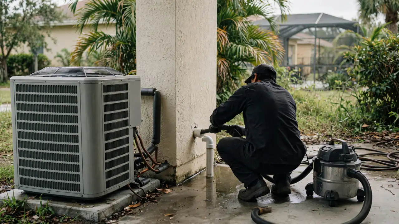 Technician vacuuming out an AC condensate drain line outdoors