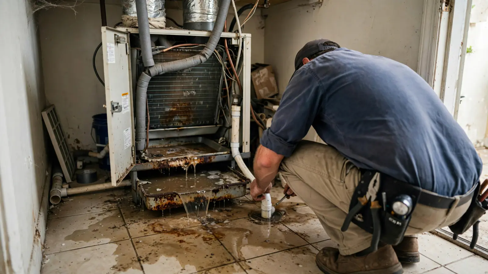 Technician inspecting a leaking air handler and the wet floor around it