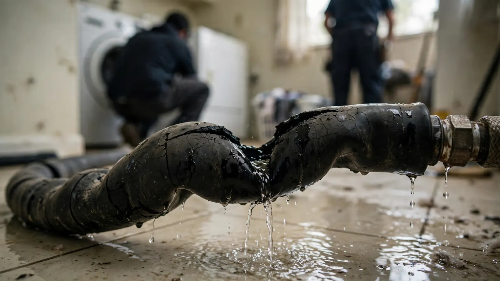 Leaking washing machine hose on a wet laundry floor