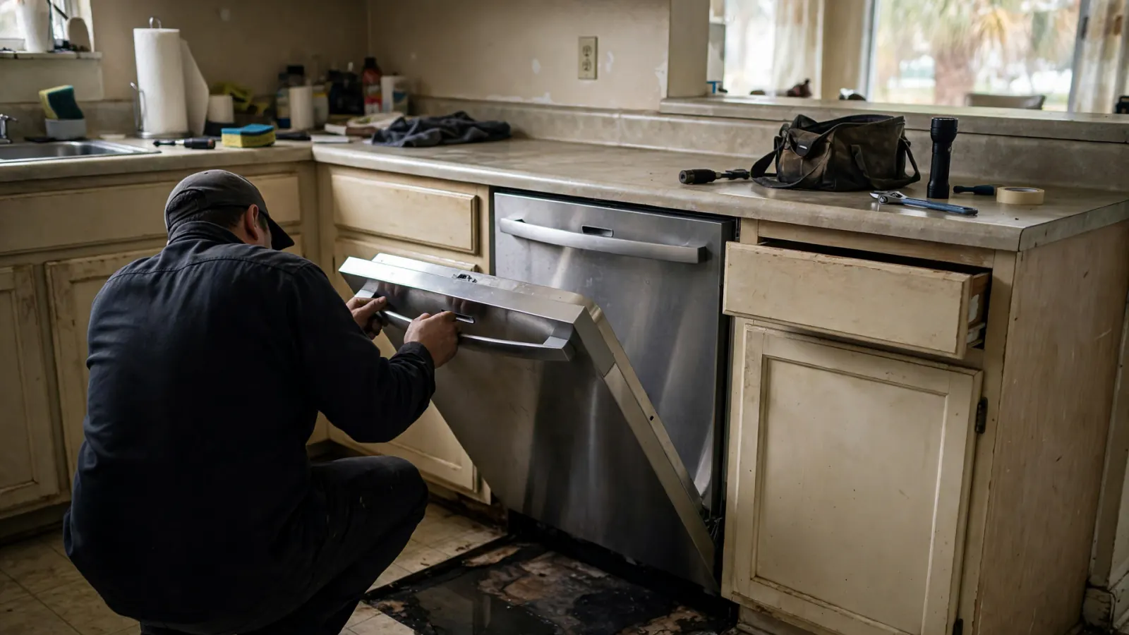 Technician checking a leaking dishwasher under a kitchen counter
