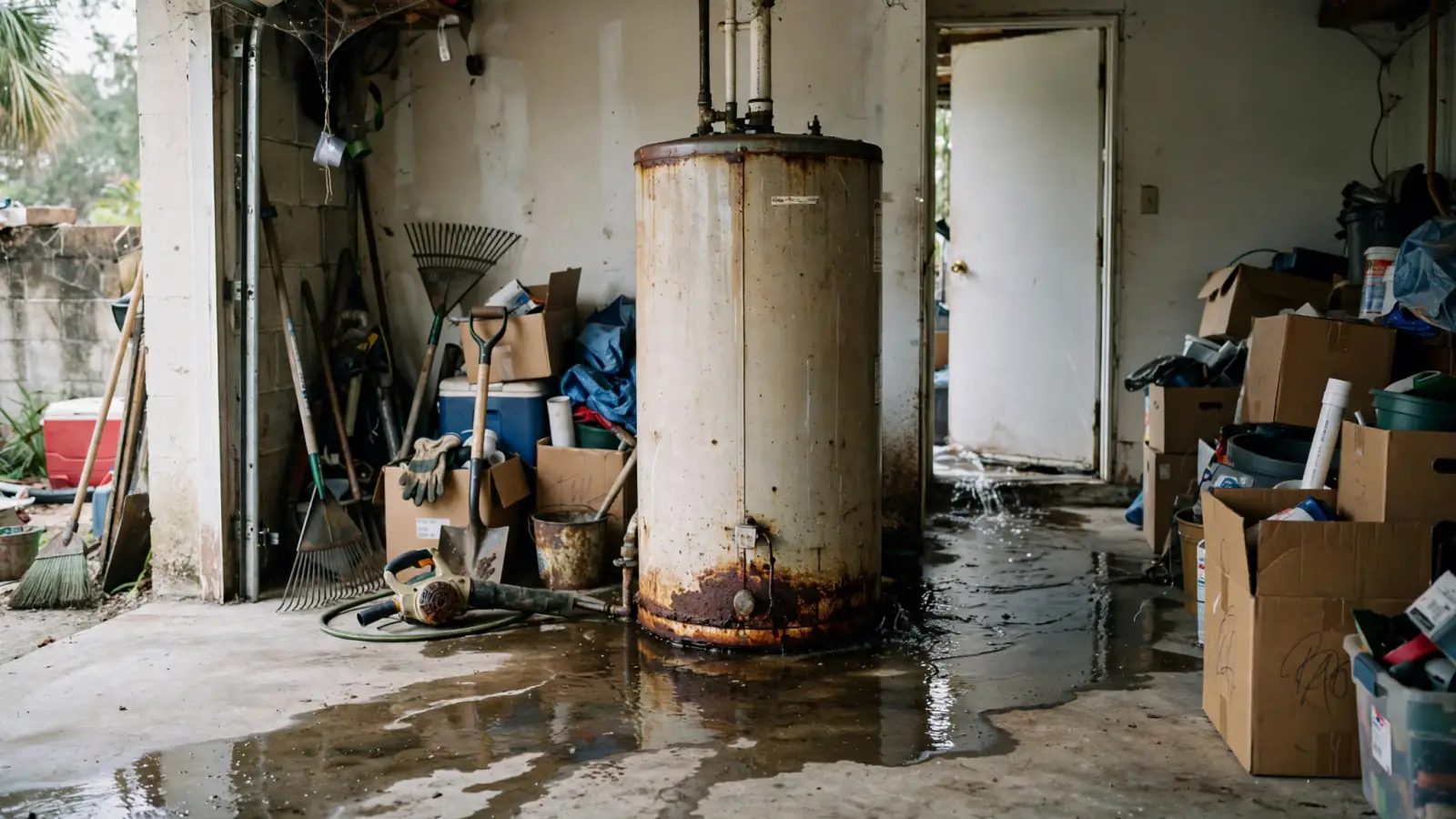 Rusted water heater leaking across a garage floor among stored boxes
