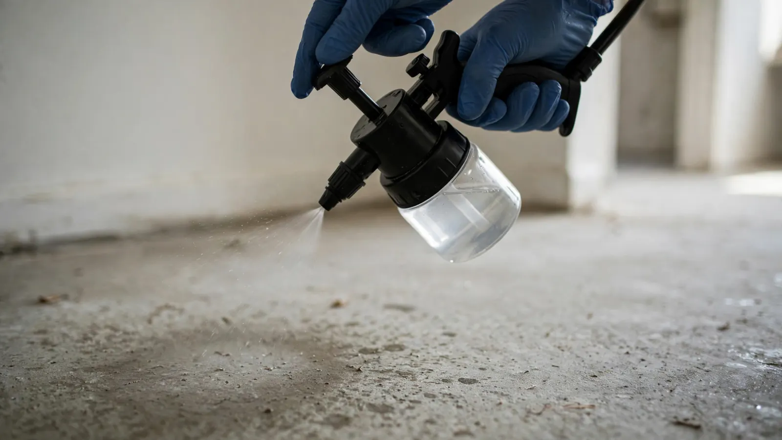 Gloved hands spraying disinfectant on a bare concrete floor