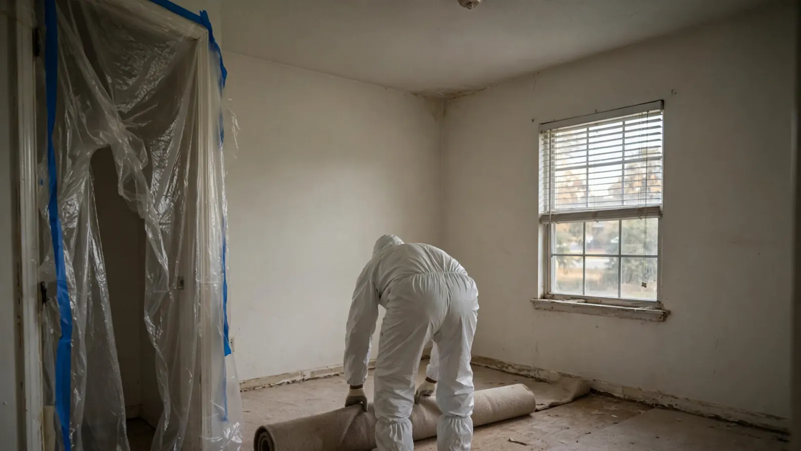 Worker in a protective suit rolling up carpet in an empty bedroom
