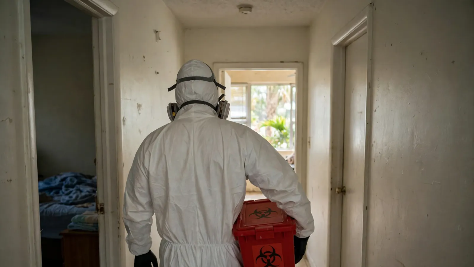 Technician in a protective suit carrying a sealed red biohazard box down a hallway