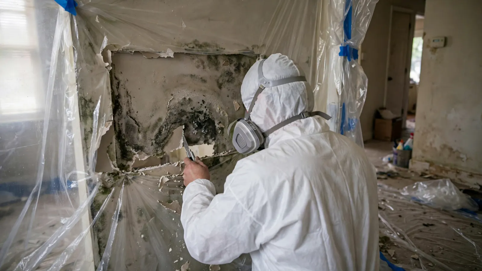 Worker in a respirator cutting out moldy drywall inside containment