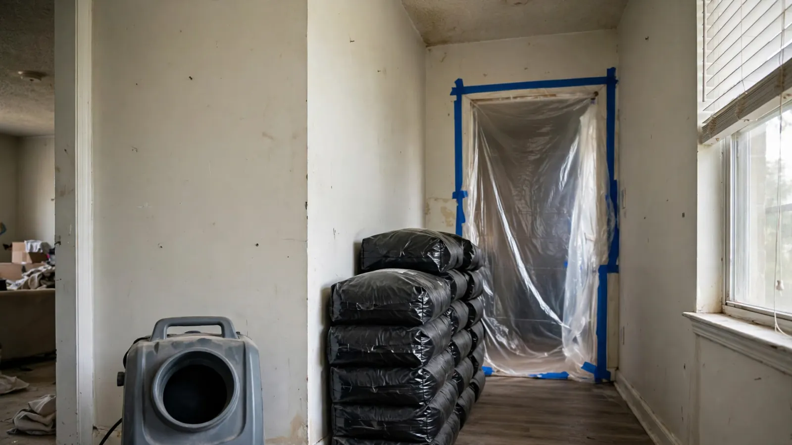 HEPA air scrubber and sealed bags beside a plastic containment doorway