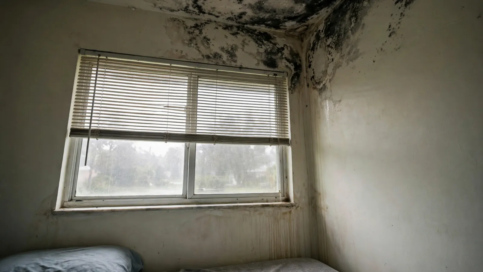 Black mold spreading across a ceiling corner above a bedroom window
