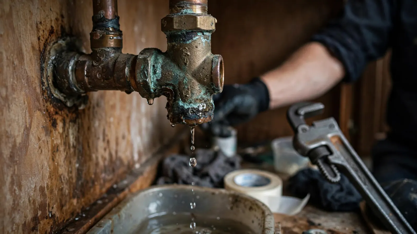 Corroded pipe fitting dripping water as a plumber holds a wrench