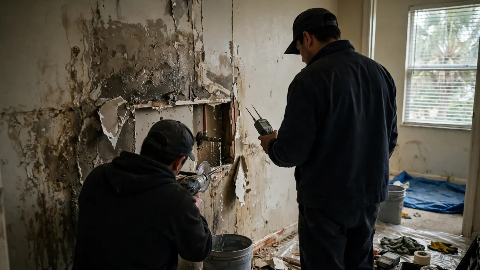 Technicians inspecting damaged drywall around a burst pipe