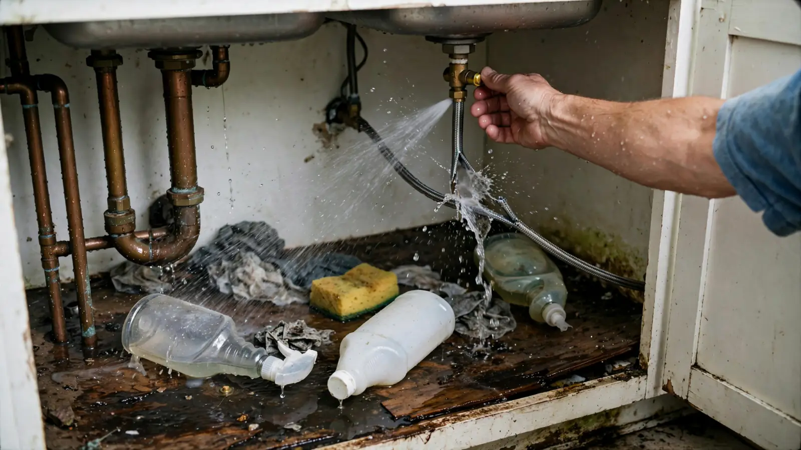 Supply line spraying water inside an under-sink cabinet