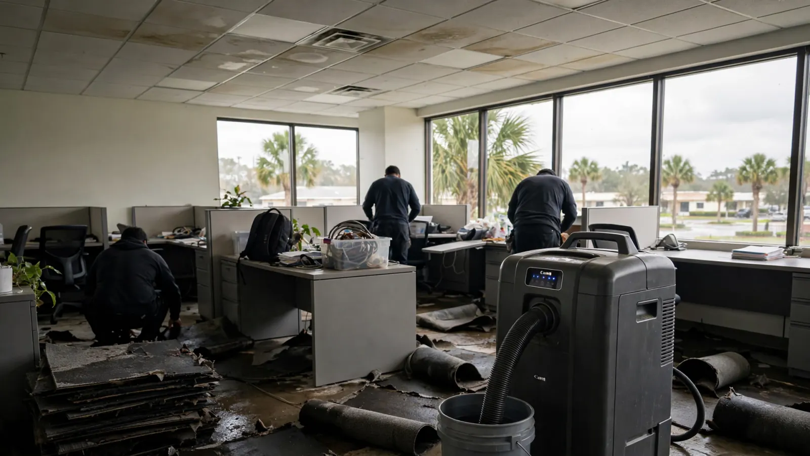 Drying equipment set up among desks in a water-damaged office
