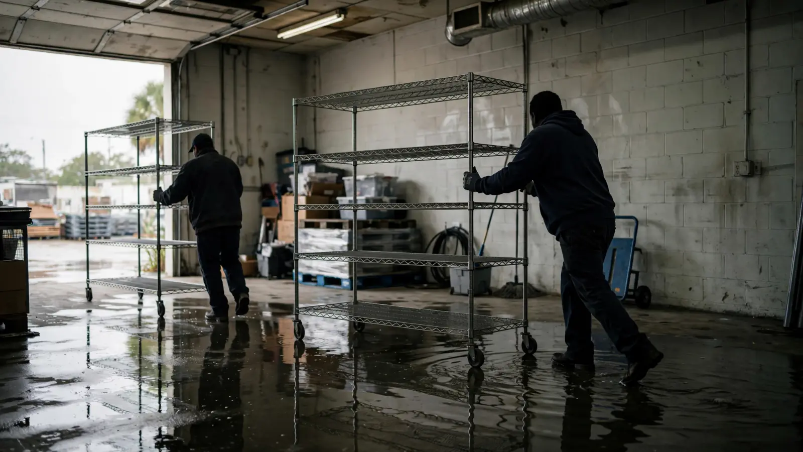 Worker squeegeeing water across a flooded storage room