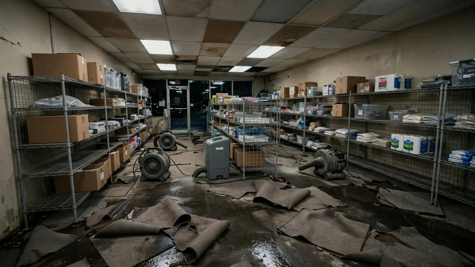 Water-damaged retail stockroom with fallen ceiling tiles