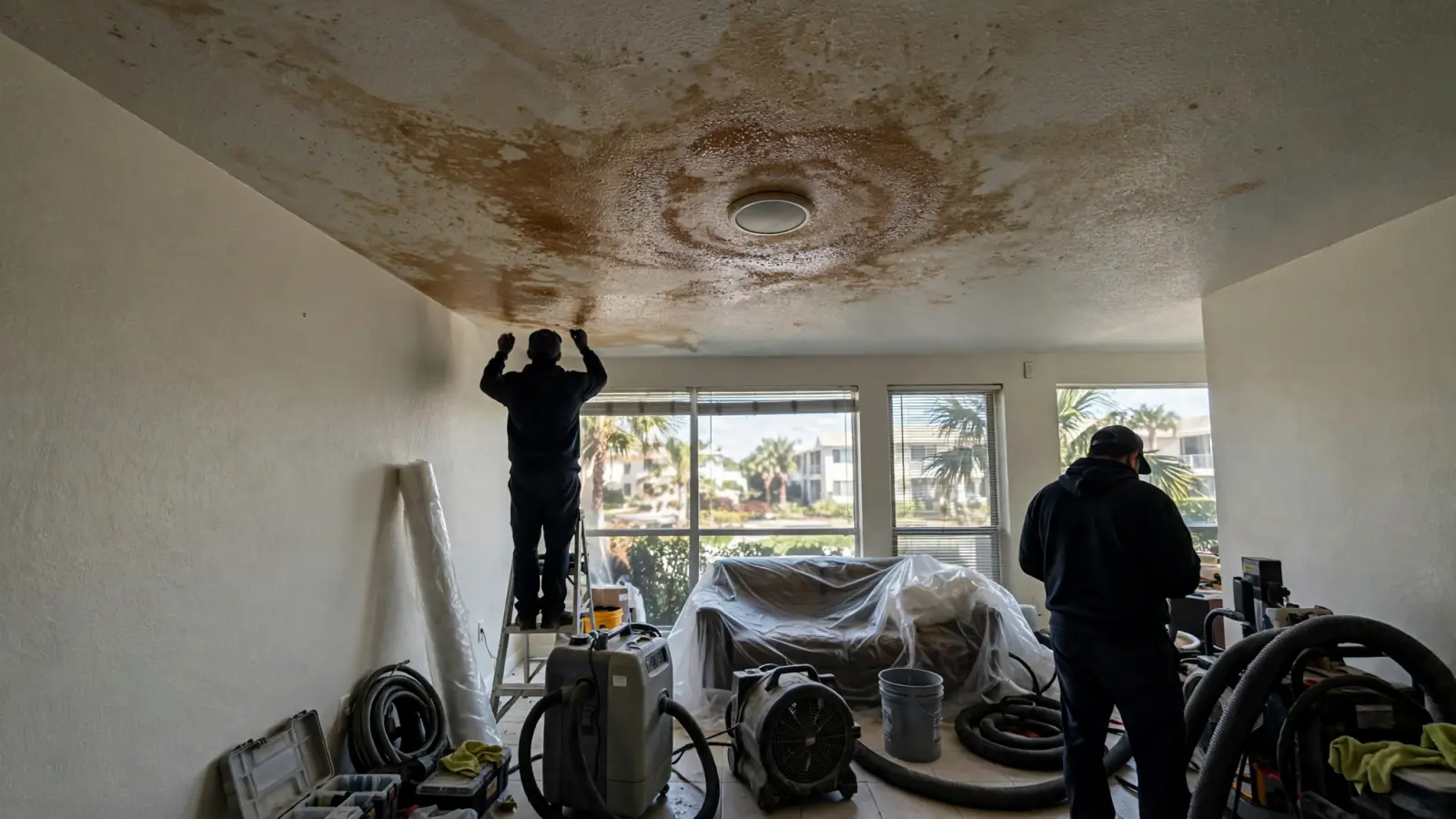 Technicians drying a condo living room under a stained ceiling