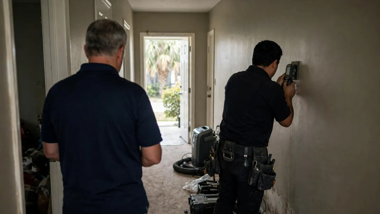 Technician taking moisture readings on a condo wall