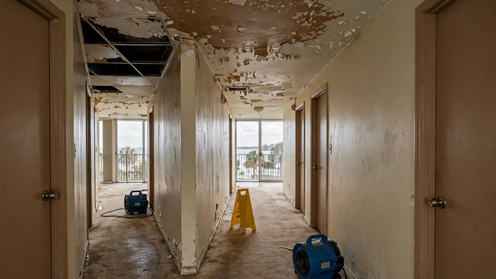 Condo hallway with a collapsed, water-stained ceiling and drying fans