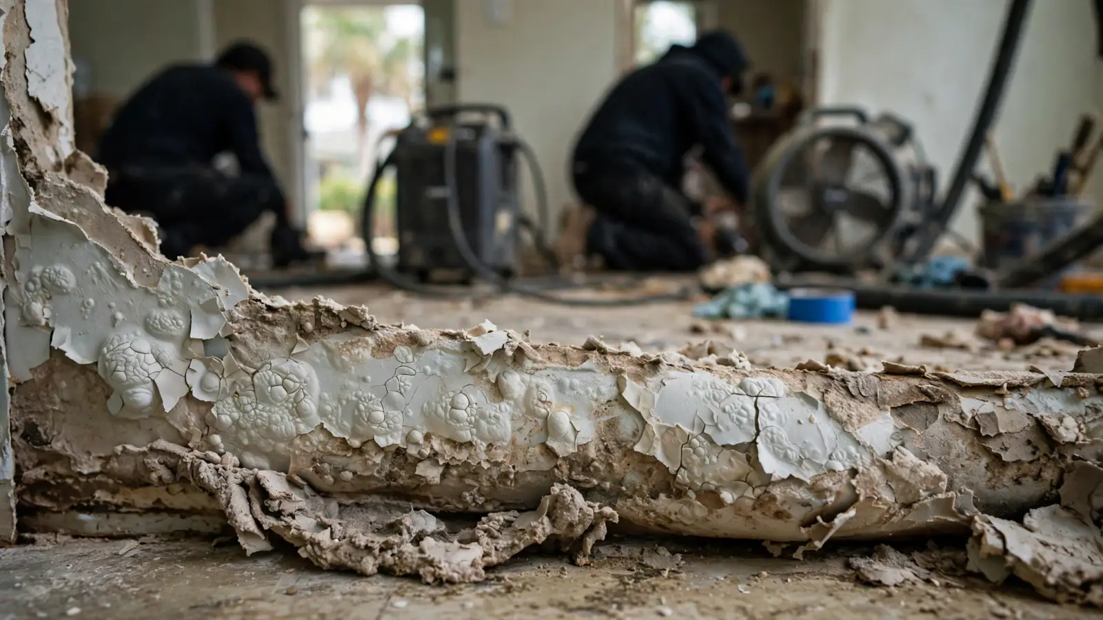 Crumbled, water-damaged drywall on the floor during cleanup
