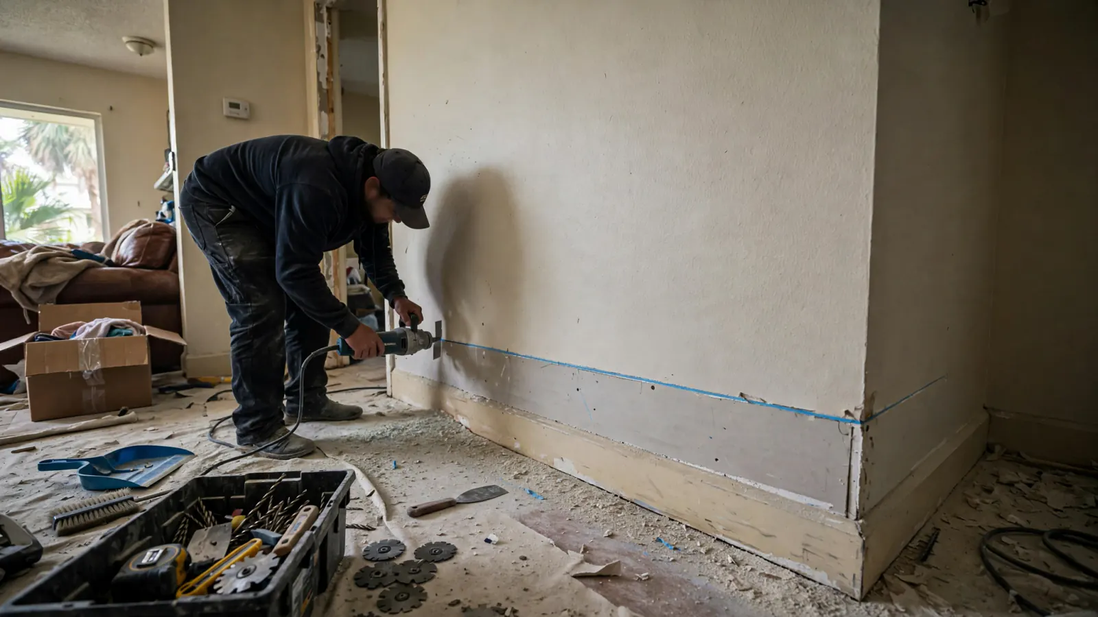 Technician cutting out water-damaged drywall along the bottom of a wall