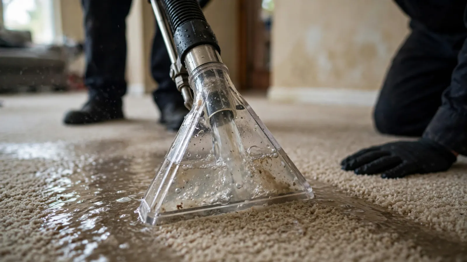 Extraction wand pulling water out of soaked carpet