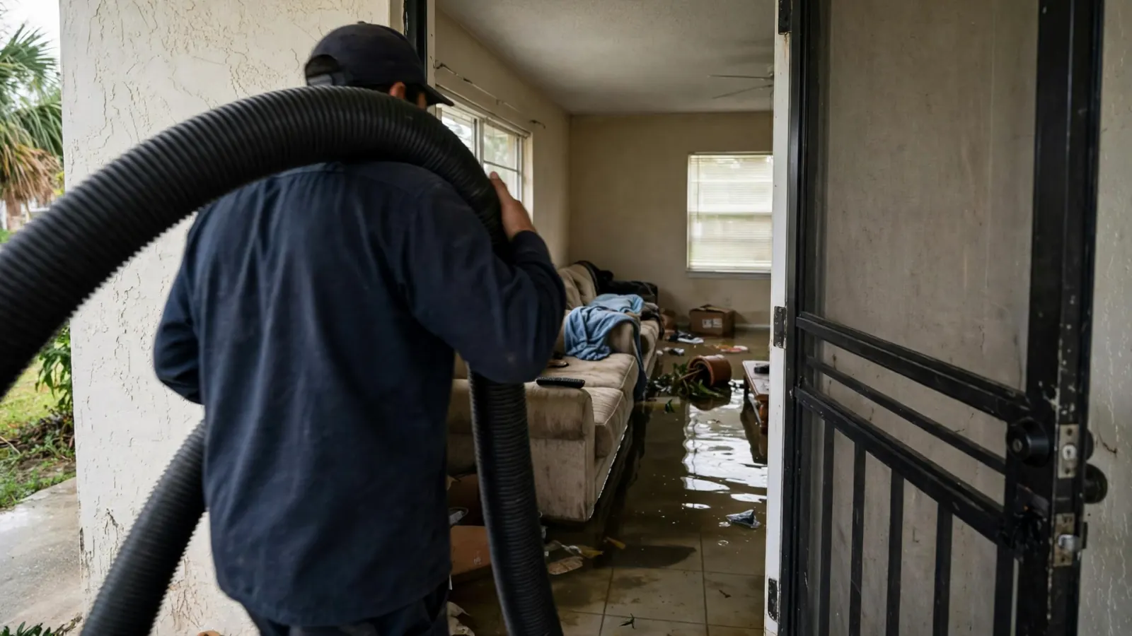 Technician carrying an extraction hose into a house