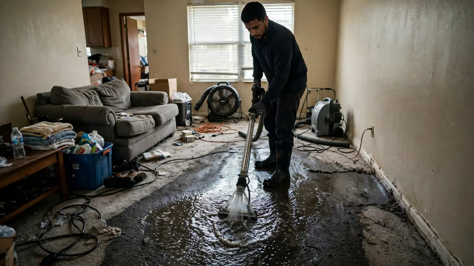 Technician extracting standing water from a living room floor