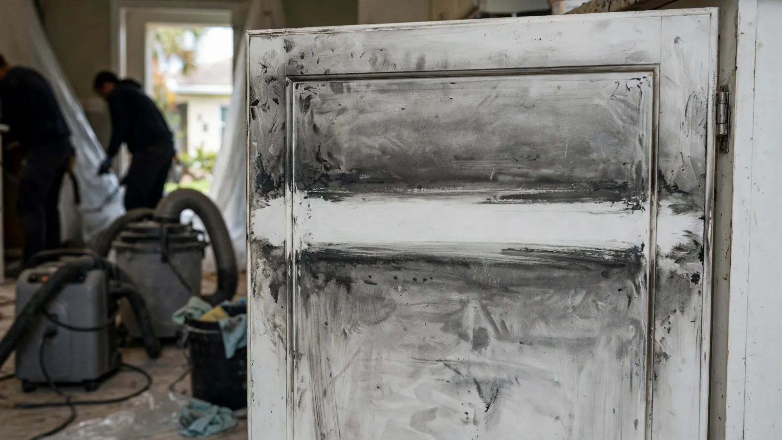 Soot-covered cabinet door after a house fire