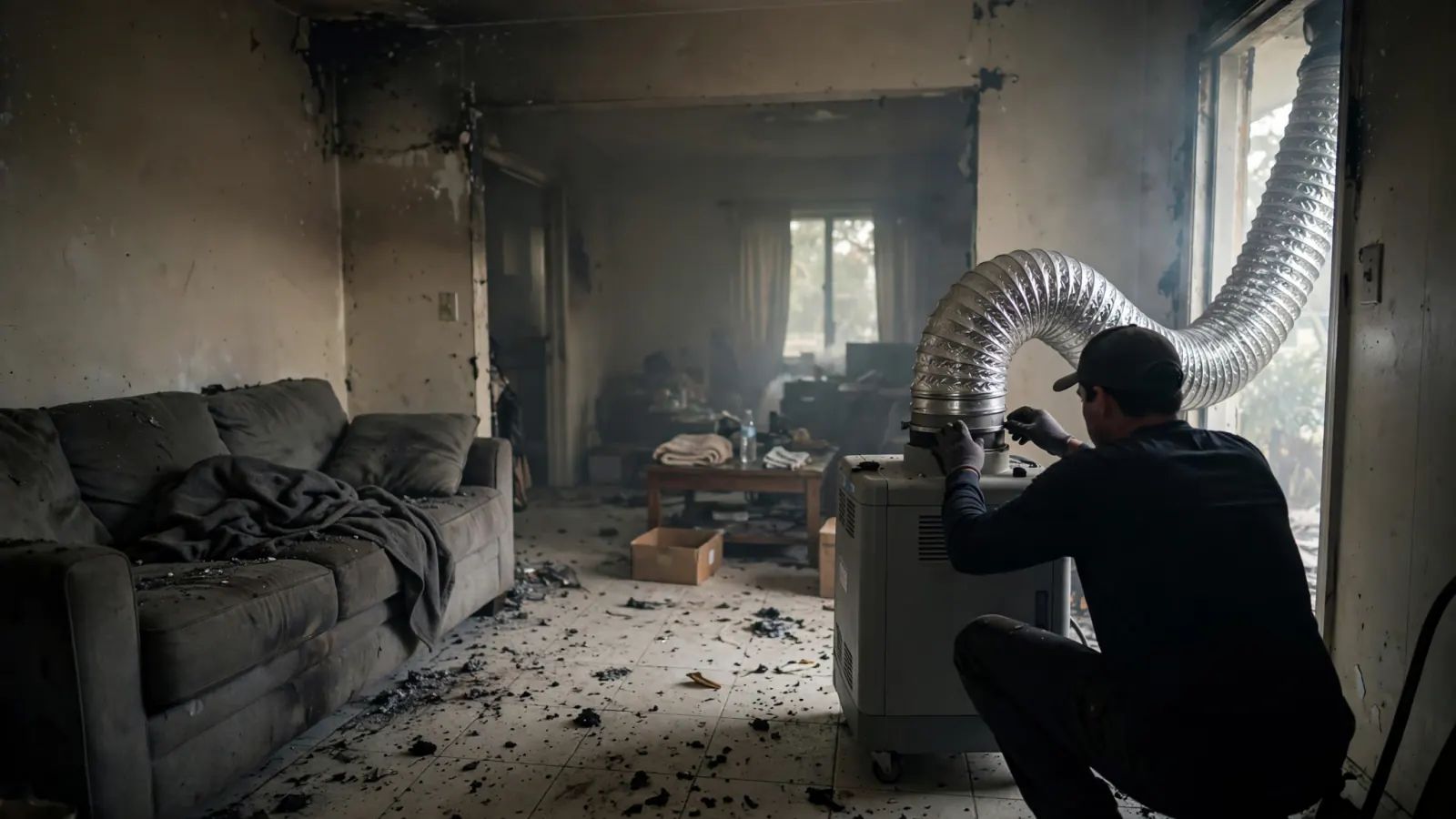 Technician running an air scrubber in a smoke-damaged living room