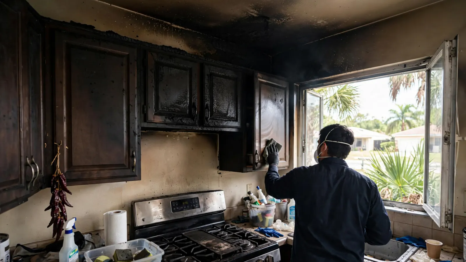 Technician cleaning soot from kitchen cabinets after a fire