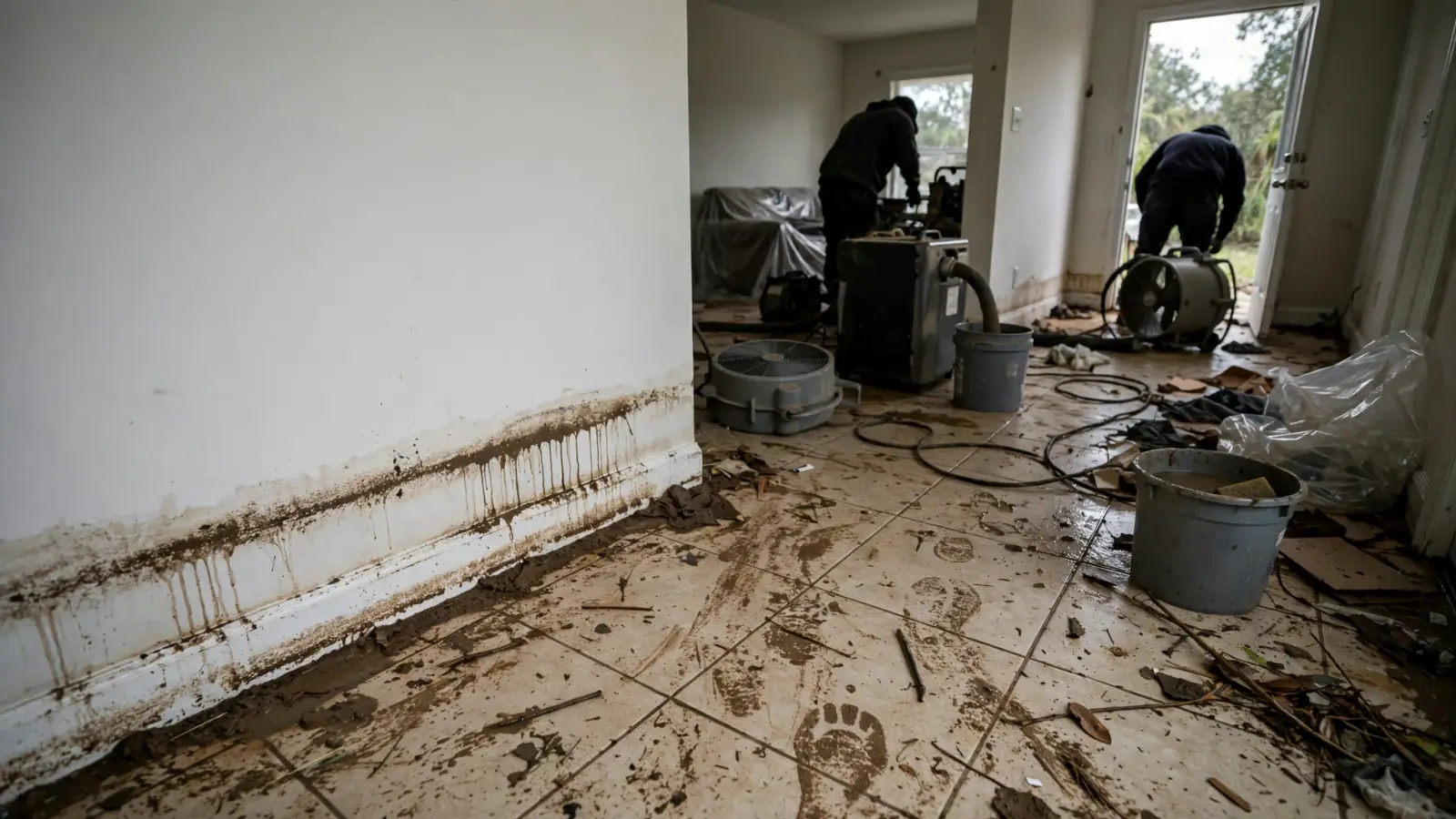 Mud line on a wall and silt across the floor after flooding