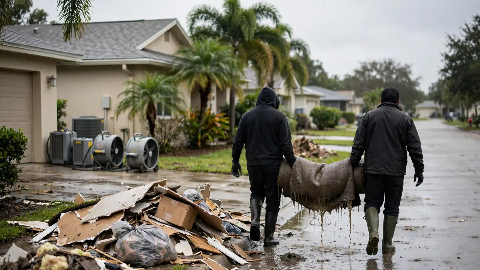 Workers hauling flood-damaged debris away from a home