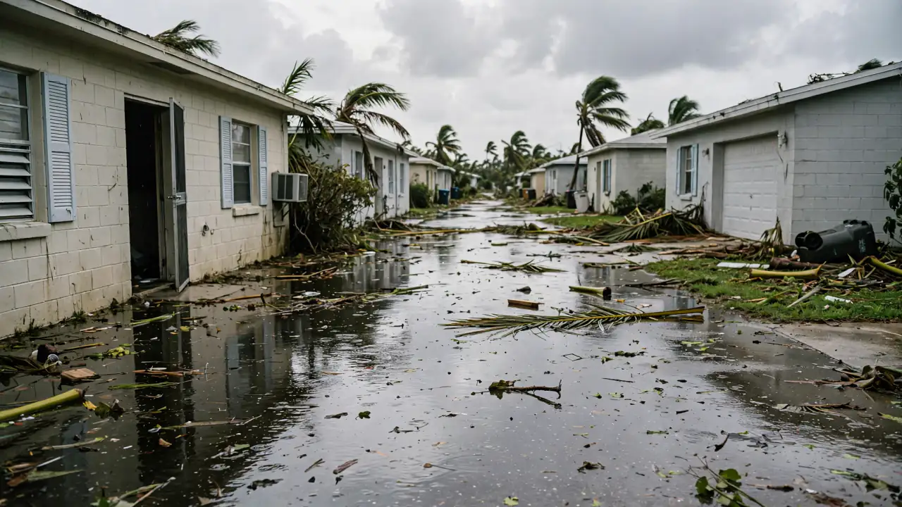 Flooded residential street with storm debris after a hurricane
