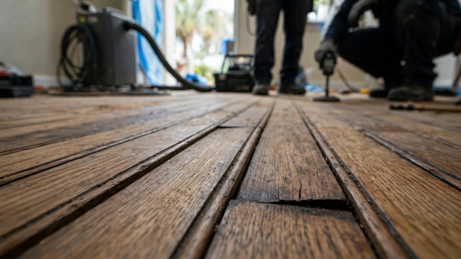 Close-up of cupped, water-damaged hardwood floorboards
