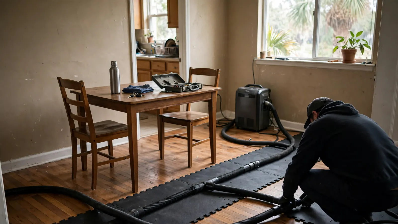 Technician laying drying mats over a hardwood floor