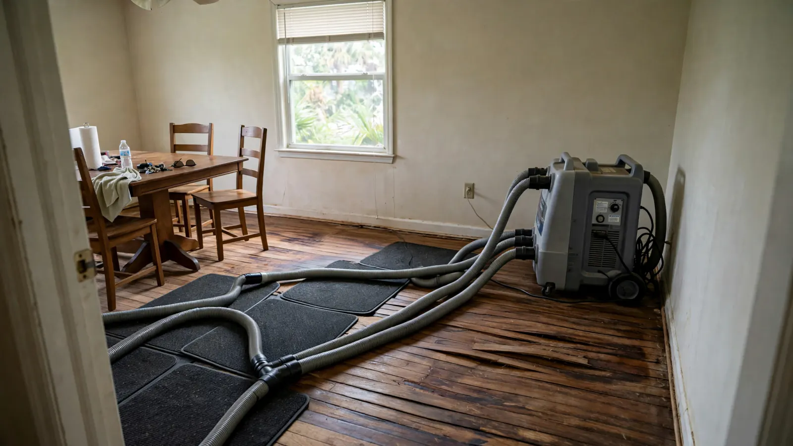 Floor-drying mats and hoses on a water-damaged hardwood floor