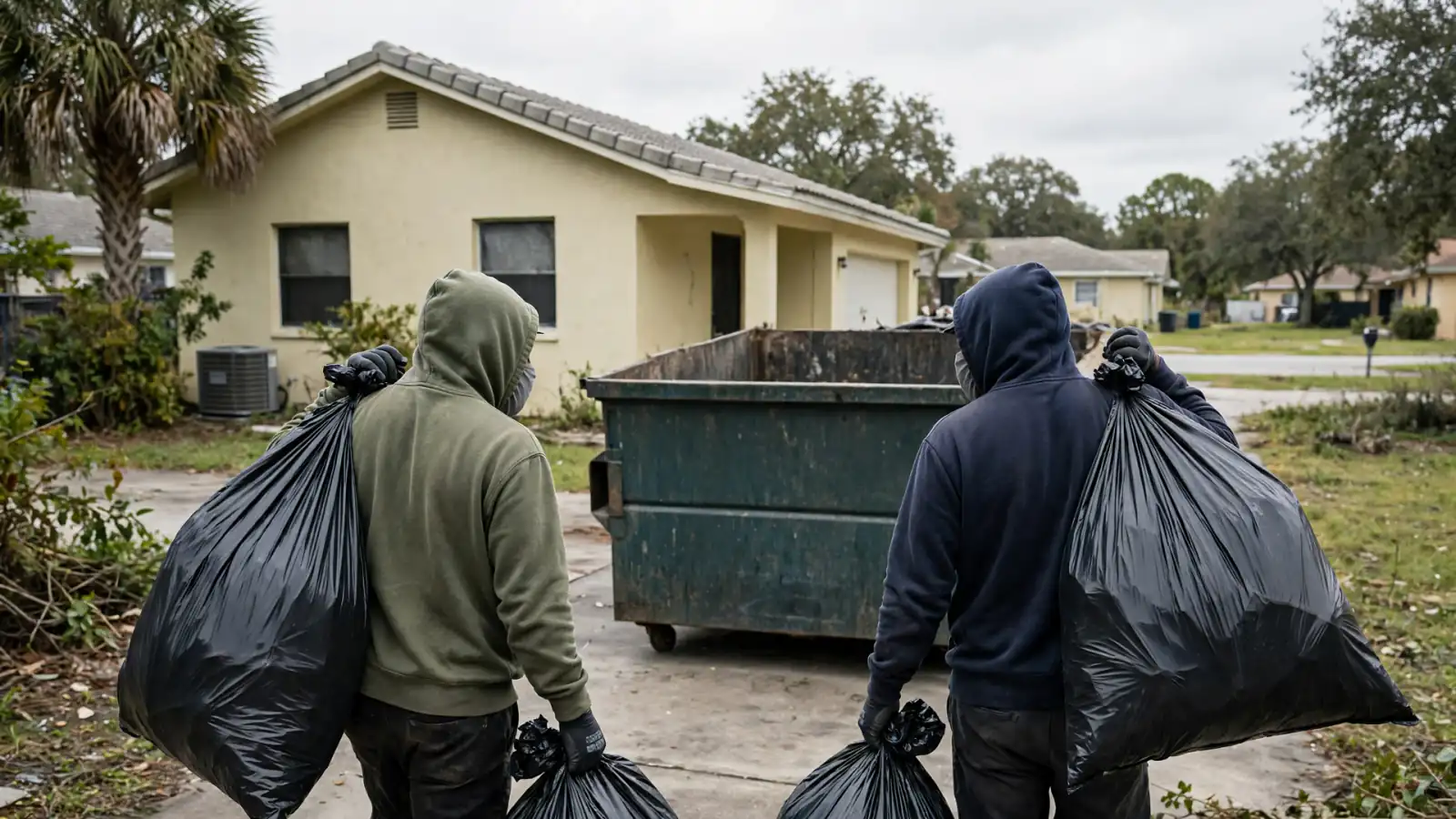 Workers carrying contractor bags to a roll-off dumpster