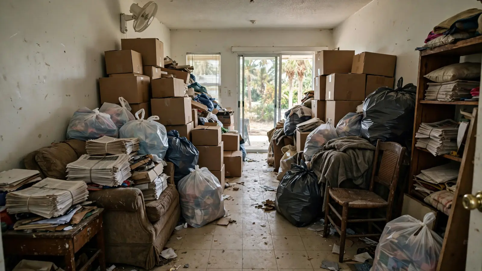 Living room piled with boxes, bags and clutter