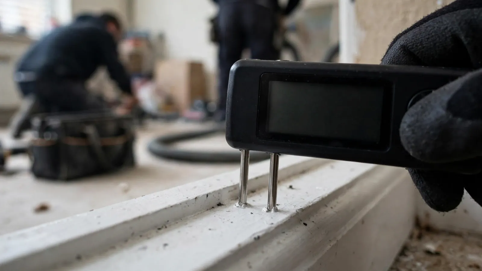 Pin moisture meter taking a reading on a damp windowsill