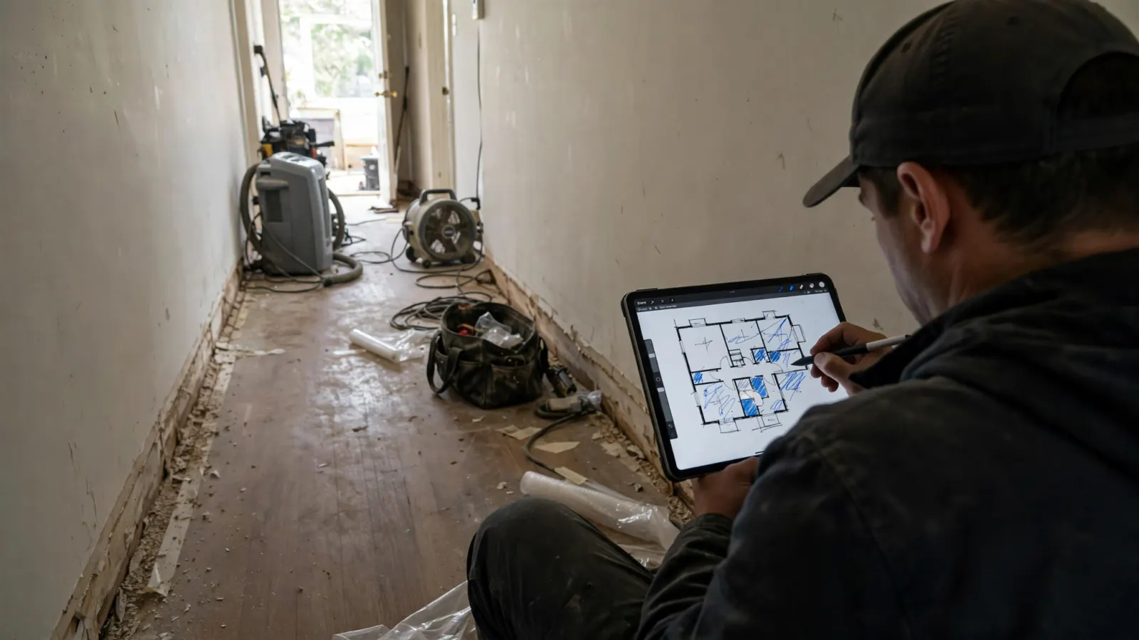 Technician recording moisture readings on a tablet floor plan
