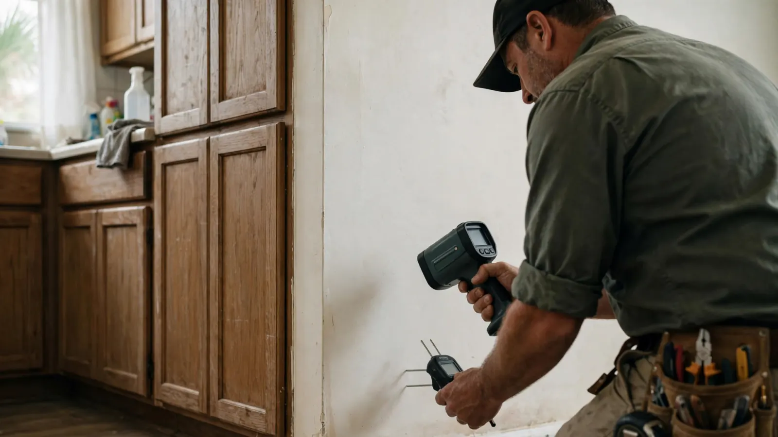 Technician scanning a kitchen wall with a thermal imaging camera